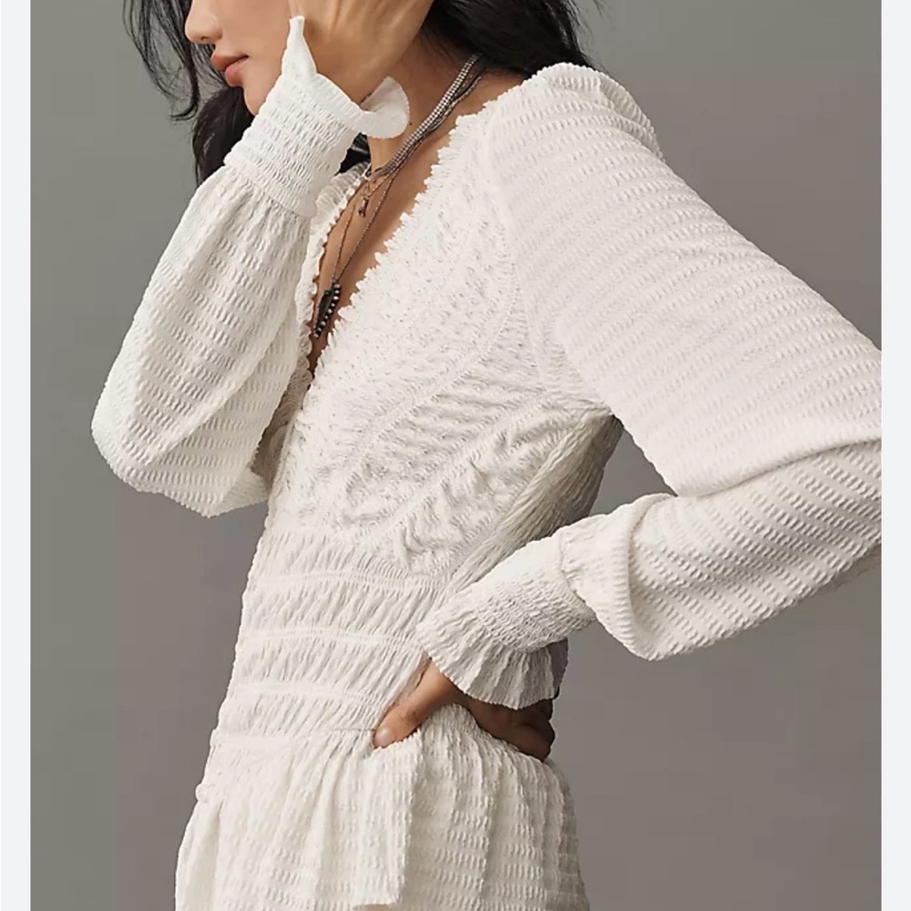Anthropologie Long-Sleeve Smocked V-Neck Top